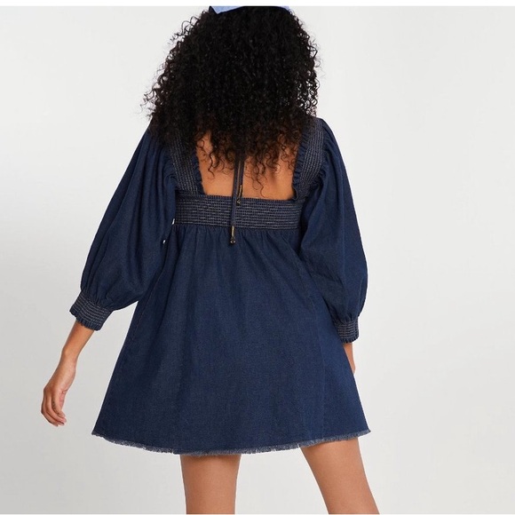 Free People This Is Everything denim Smocked Tie Neck Mini Dress M - Picture 2 of 12